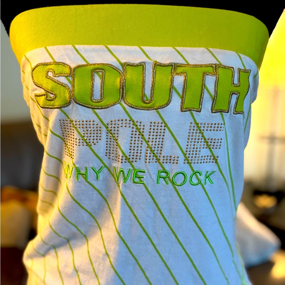 Y2K SOUTH POLE “ WHY WE ROCK” Lime Green and White Striped, Rhinestone Logo, (L) - Picture 3 of 6